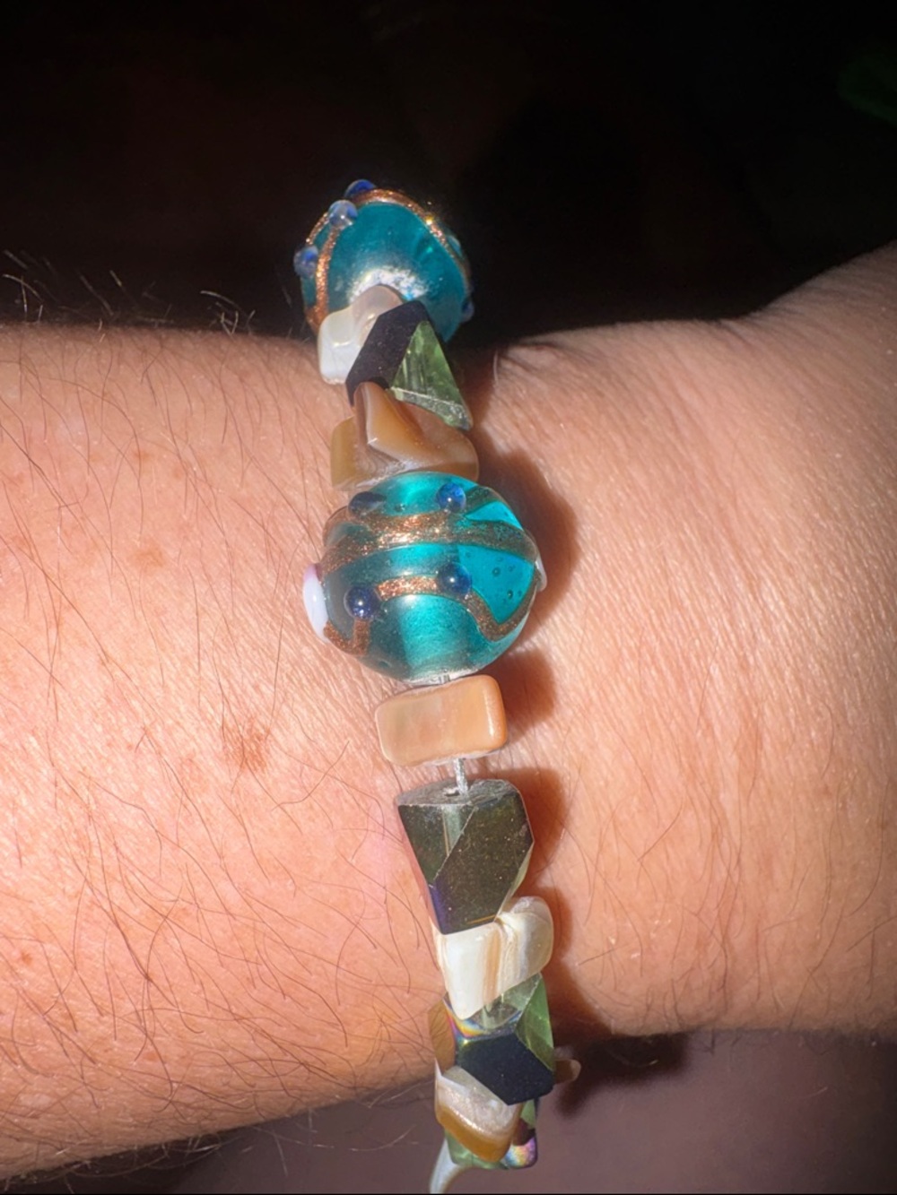 Teal and shell and Multicolor Beaded Bracelet handmade by Amanda Sanchez